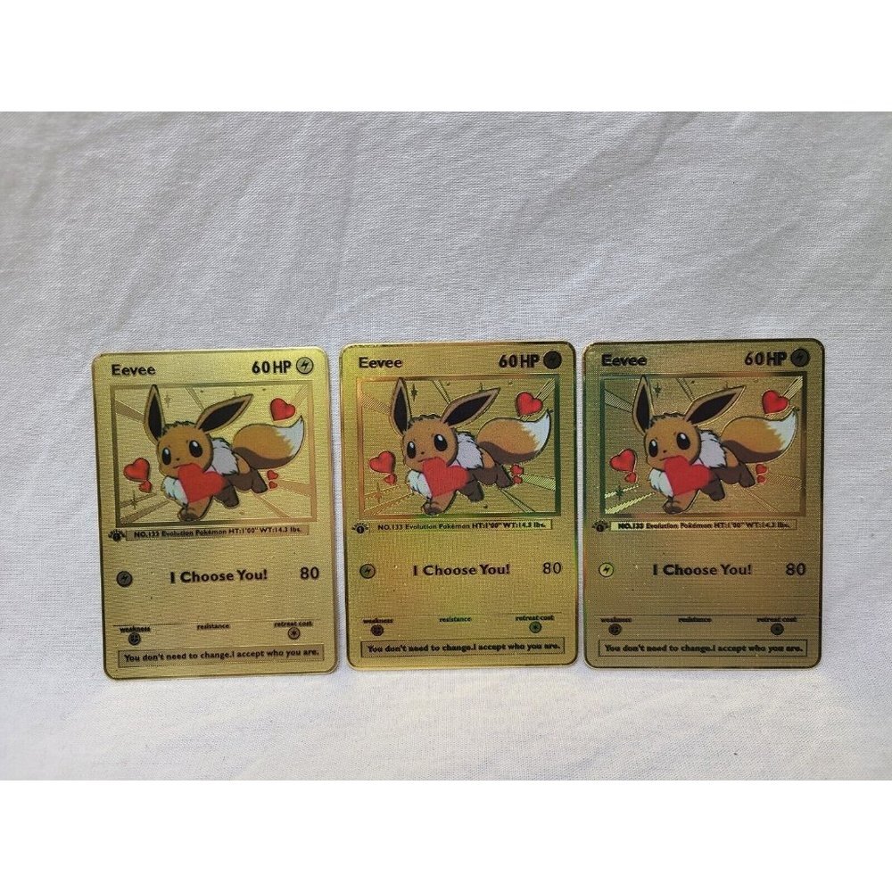 Eevee I Choose You Love Heart Valentine Gold Metal Card- Lot Of 3 FLAWED